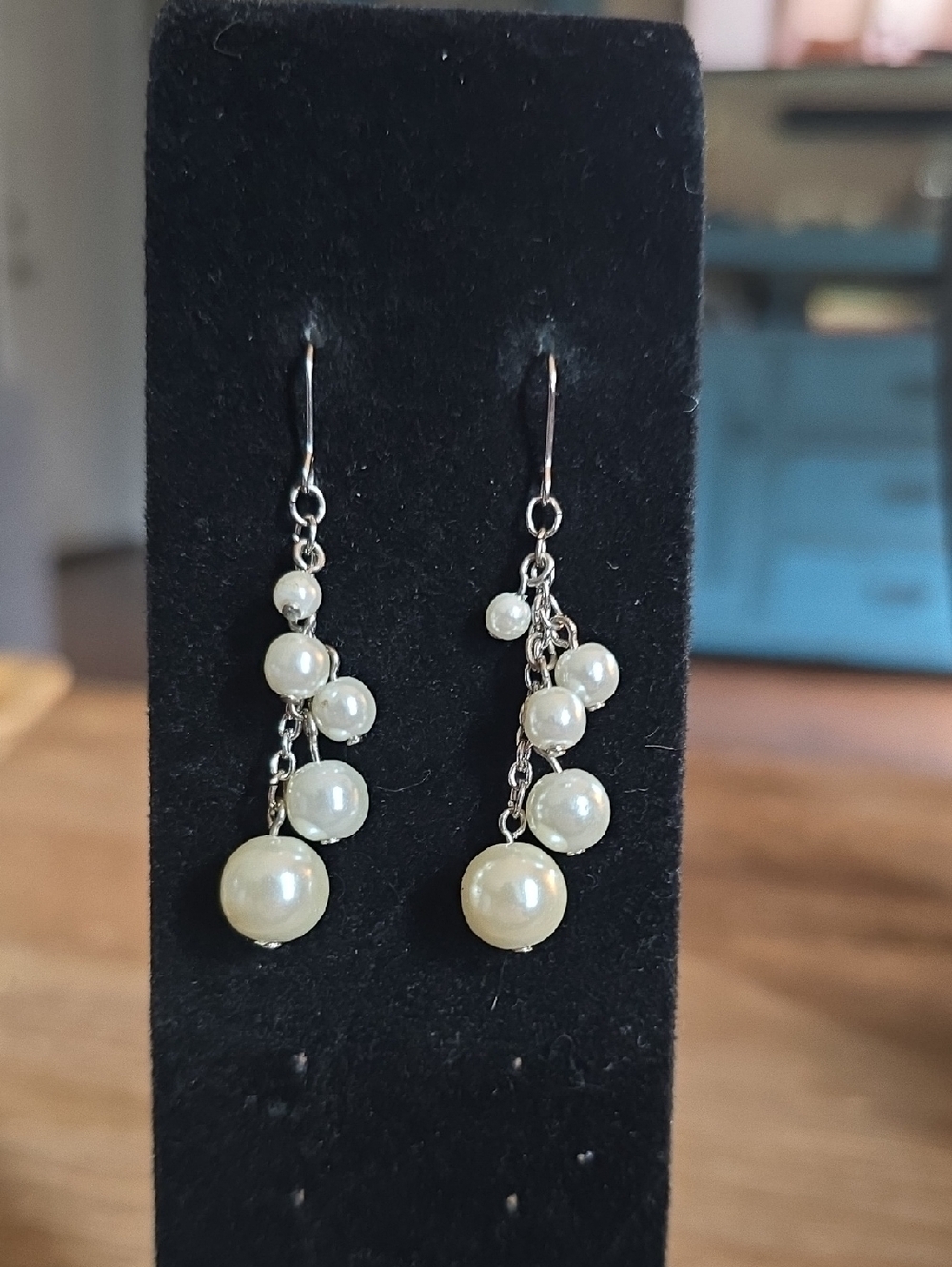 Dainty White Pearl Drop Earrings with Silver Chains